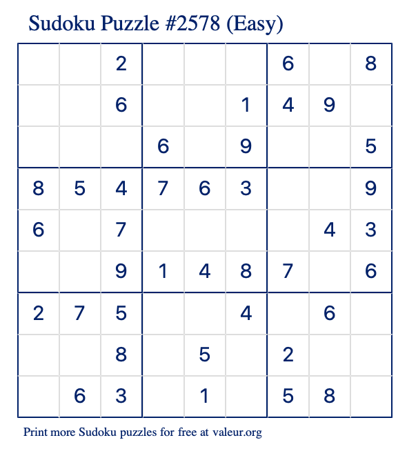 Free Printable Easy Sudoku Puzzle number 2578