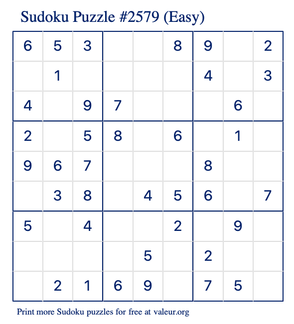 Free Printable Easy Sudoku Puzzle number 2579