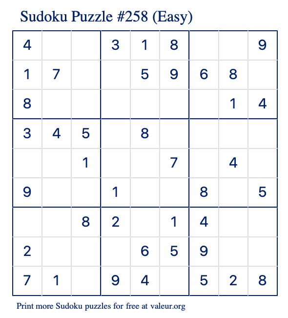 Free Printable Easy Sudoku Puzzle number 258