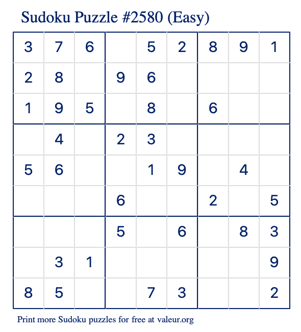 Free Printable Easy Sudoku Puzzle number 2580