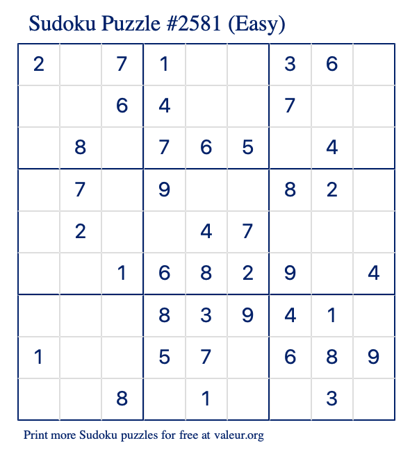 Free Printable Easy Sudoku Puzzle number 2581