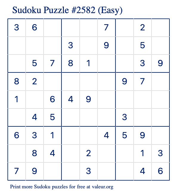 Free Printable Easy Sudoku Puzzle number 2582