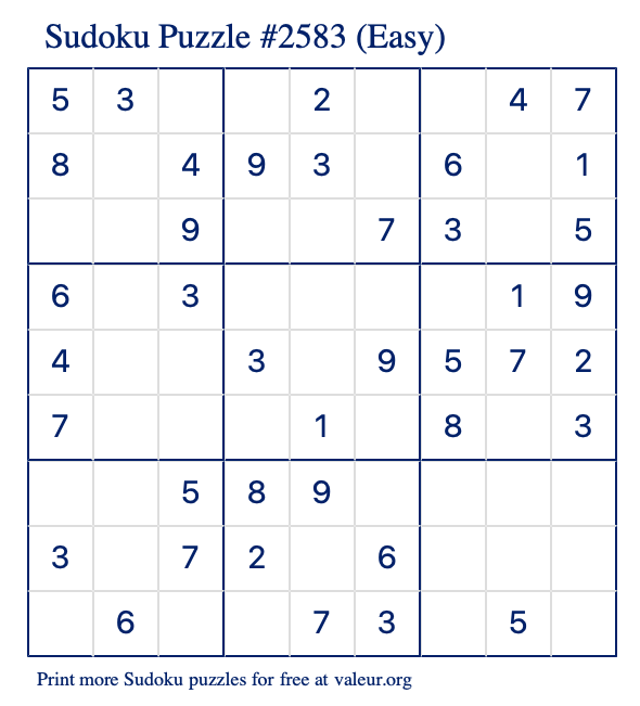 Free Printable Easy Sudoku Puzzle number 2583