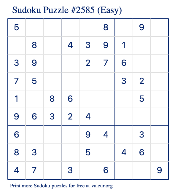 Free Printable Easy Sudoku Puzzle number 2585