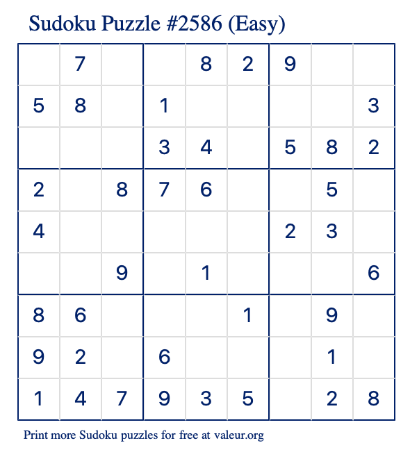 Free Printable Easy Sudoku Puzzle number 2586