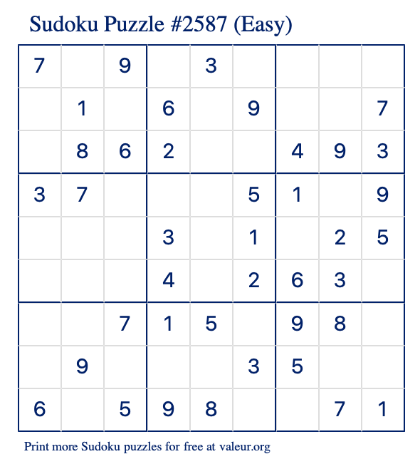 Free Printable Easy Sudoku Puzzle number 2587