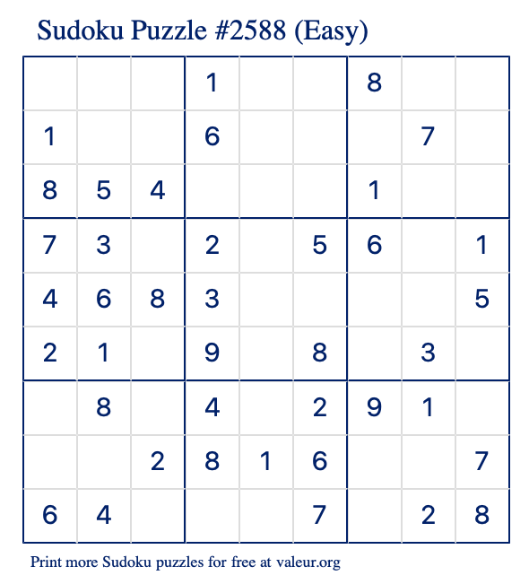 Free Printable Easy Sudoku Puzzle number 2588