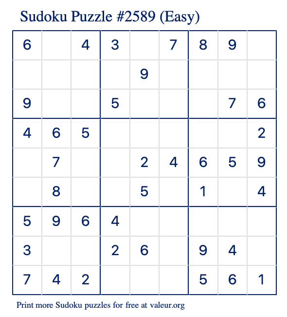 Free Printable Easy Sudoku Puzzle number 2589