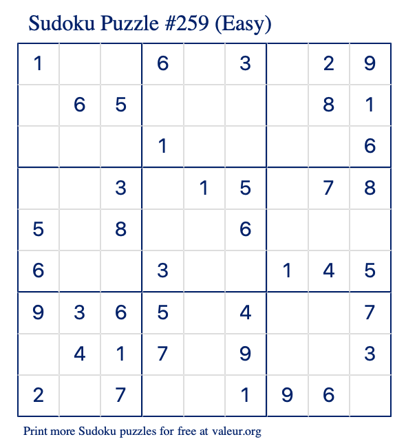 Free Printable Easy Sudoku Puzzle number 259