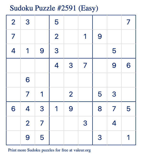 Free Printable Easy Sudoku Puzzle number 2591