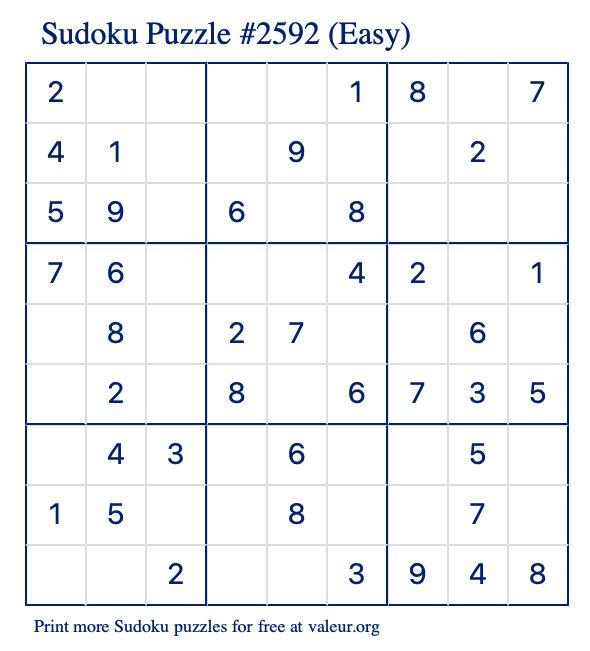 Free Printable Easy Sudoku Puzzle number 2592