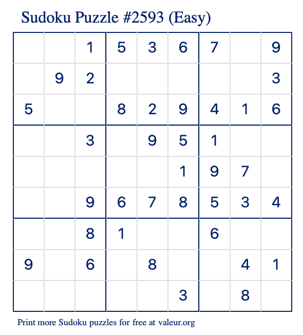 Free Printable Easy Sudoku Puzzle number 2593