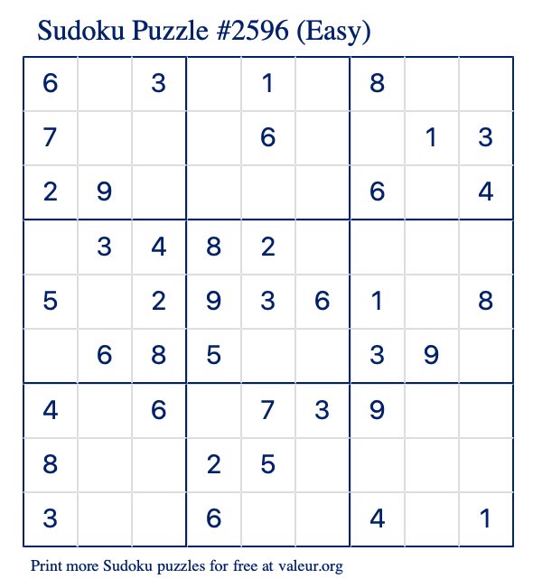 Free Printable Easy Sudoku Puzzle number 2596