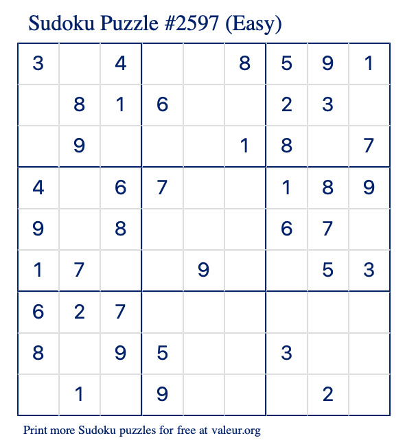 Free Printable Easy Sudoku Puzzle number 2597