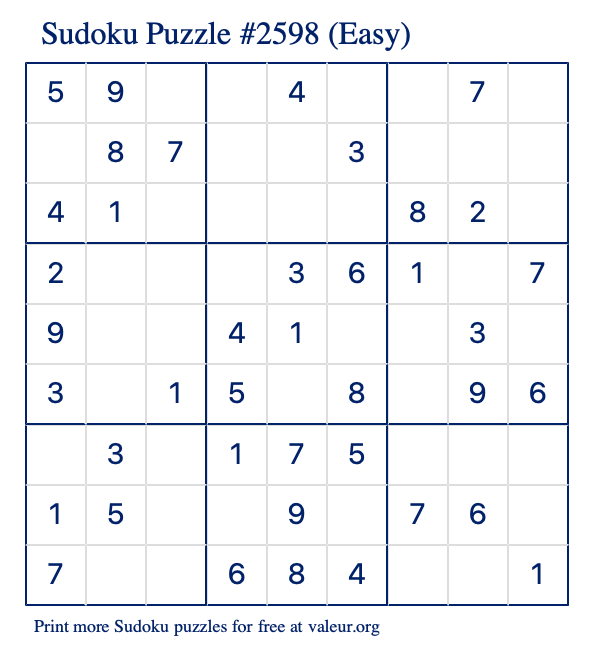 Free Printable Easy Sudoku Puzzle number 2598