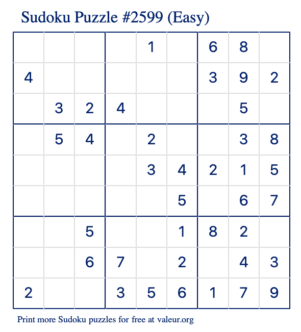 Free Printable Easy Sudoku Puzzle number 2599