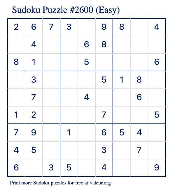 Free Printable Easy Sudoku Puzzle number 2600