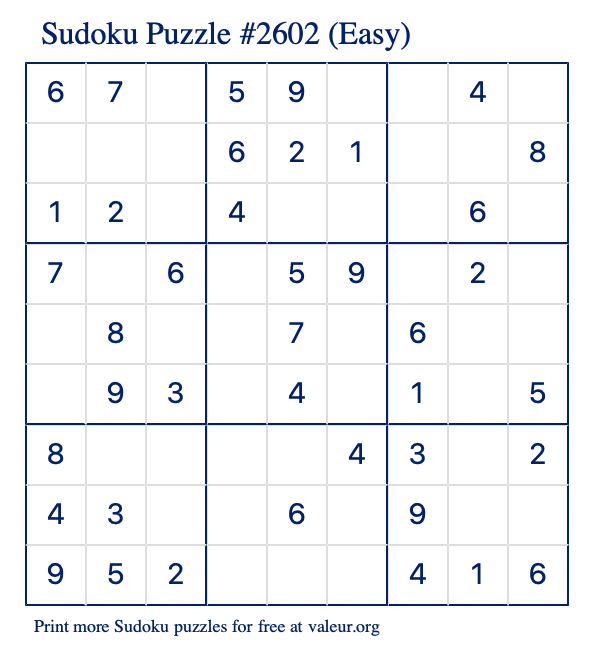 Free Printable Easy Sudoku Puzzle number 2602