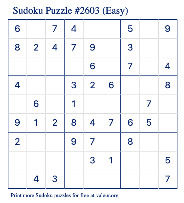 Free Printable Easy Sudoku Puzzle number 2603