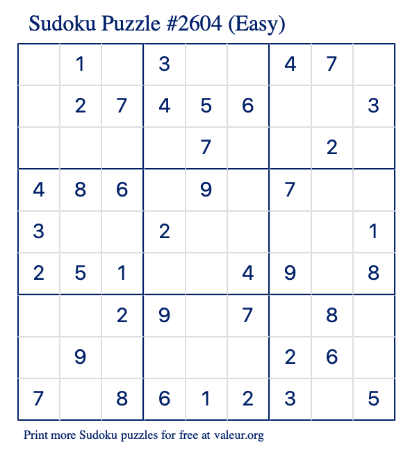 Free Printable Easy Sudoku Puzzle number 2604