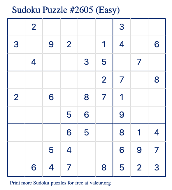 Free Printable Easy Sudoku Puzzle number 2605