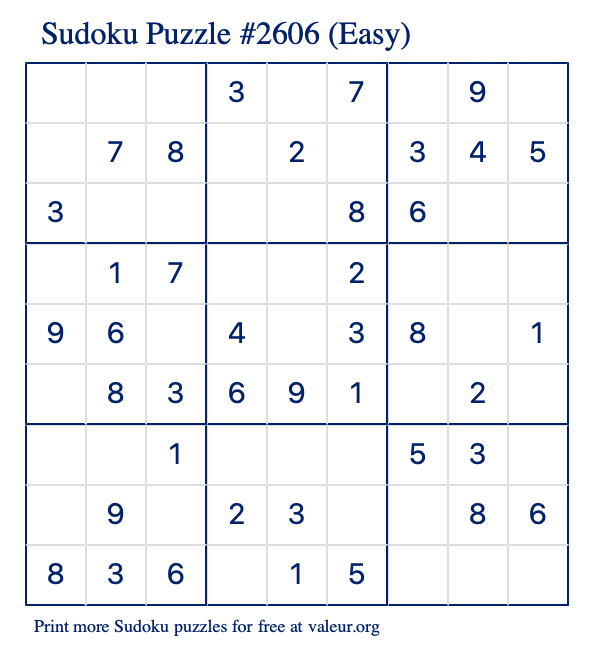 Free Printable Easy Sudoku Puzzle number 2606