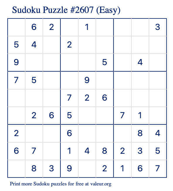Free Printable Easy Sudoku Puzzle number 2607