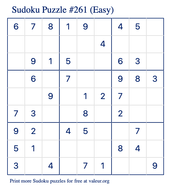 Free Printable Easy Sudoku Puzzle number 261