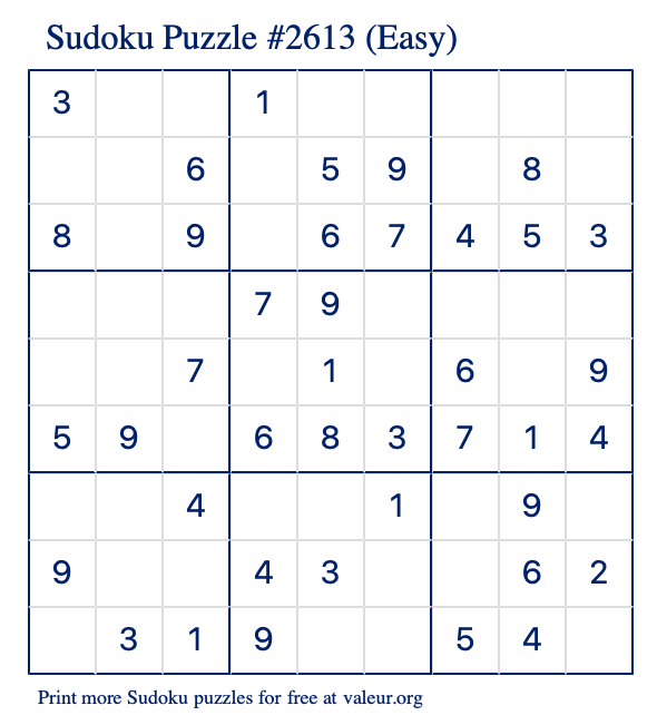 Free Printable Easy Sudoku Puzzle number 2613