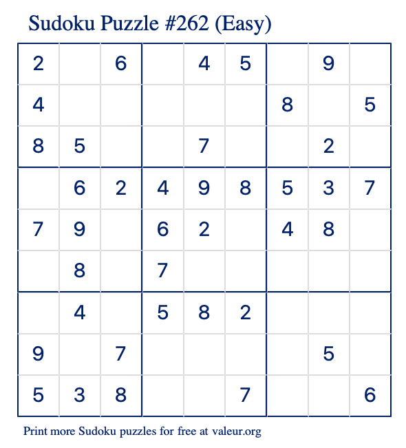 Free Printable Easy Sudoku Puzzle number 262