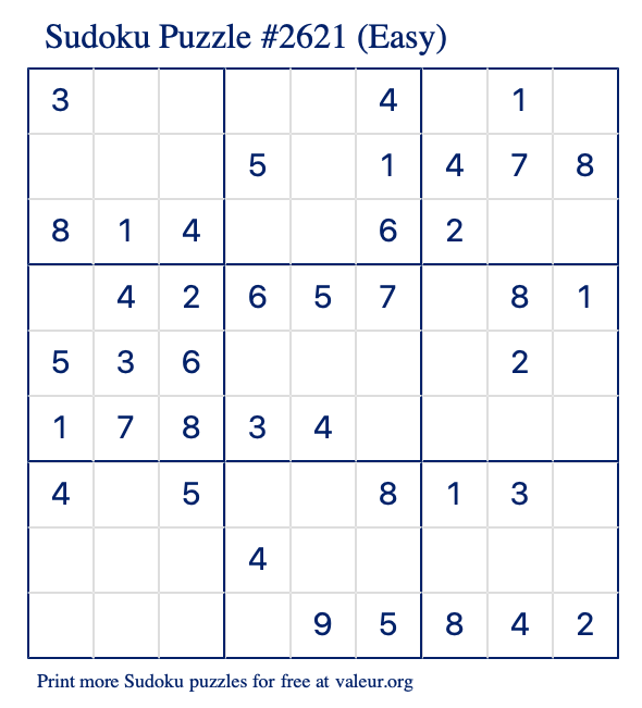 Free Printable Easy Sudoku Puzzle number 2621
