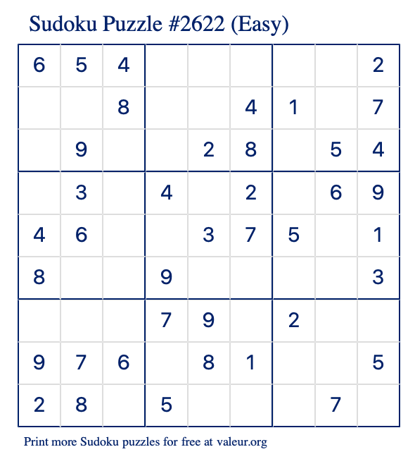 Free Printable Easy Sudoku Puzzle number 2622