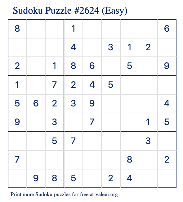 Free Printable Easy Sudoku Puzzle number 2624