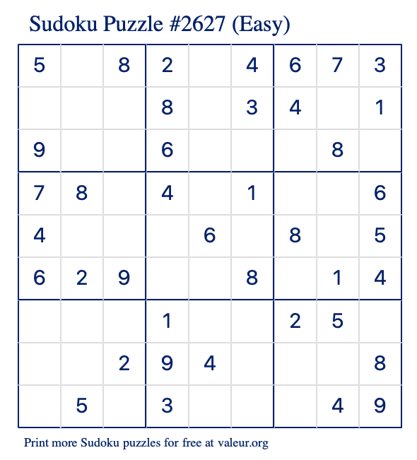 Free Printable Easy Sudoku Puzzle number 2627