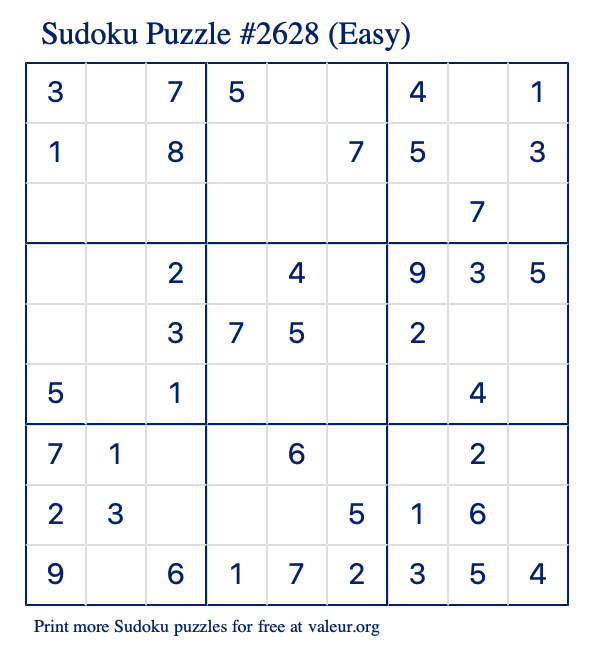 Free Printable Easy Sudoku Puzzle number 2628
