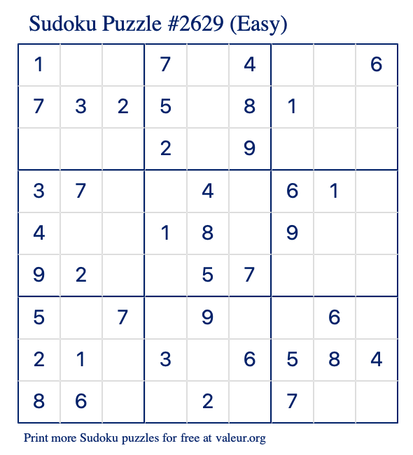 Free Printable Easy Sudoku Puzzle number 2629