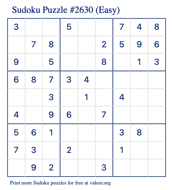 Free Printable Easy Sudoku Puzzle number 2630