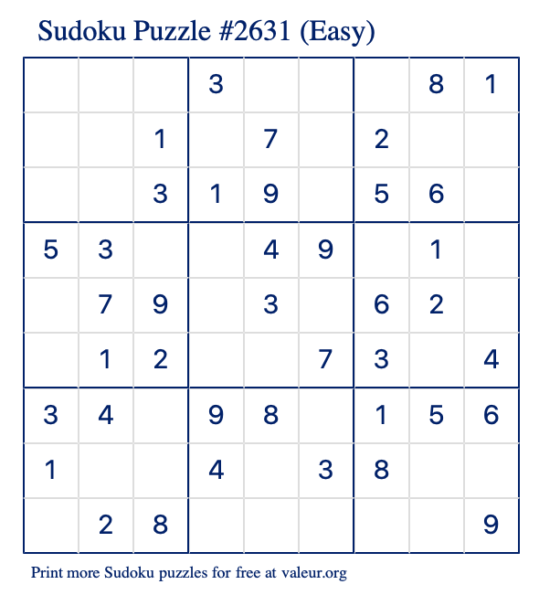 Free Printable Easy Sudoku Puzzle number 2631