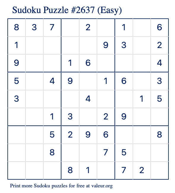 Free Printable Easy Sudoku Puzzle number 2637