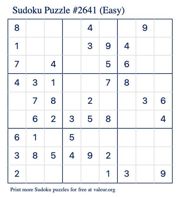 Free Printable Easy Sudoku Puzzle number 2641
