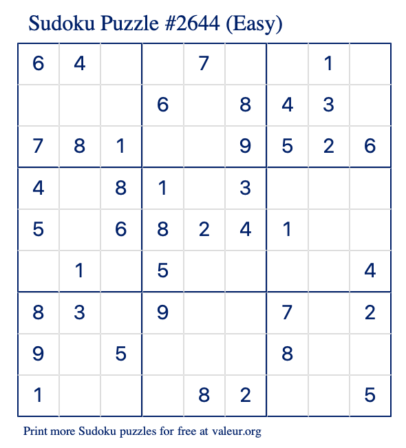 Free Printable Easy Sudoku Puzzle number 2644