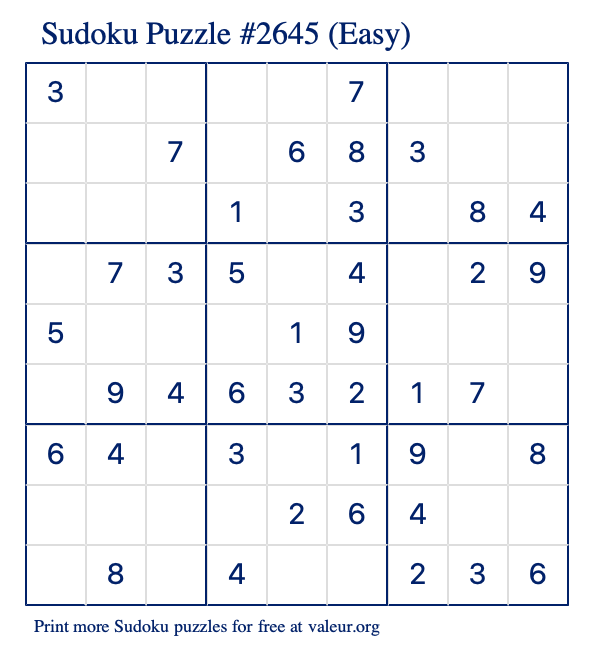 Free Printable Easy Sudoku Puzzle number 2645