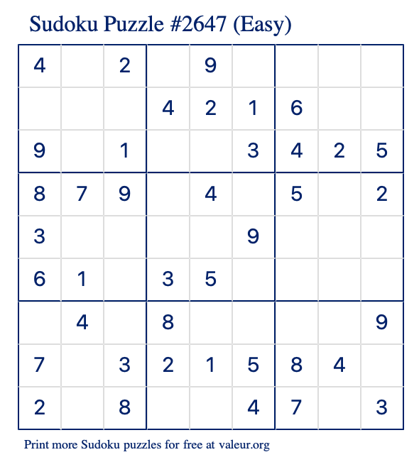 Free Printable Easy Sudoku Puzzle number 2647