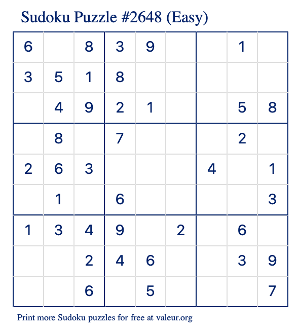 Free Printable Easy Sudoku Puzzle number 2648