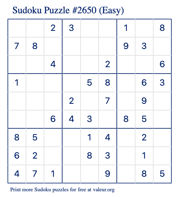Free Printable Easy Sudoku Puzzle number 2650