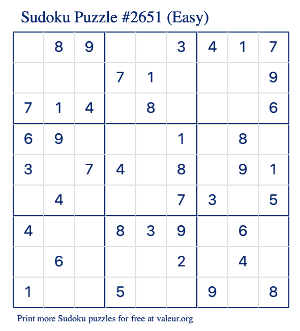 Free Printable Easy Sudoku Puzzle number 2651