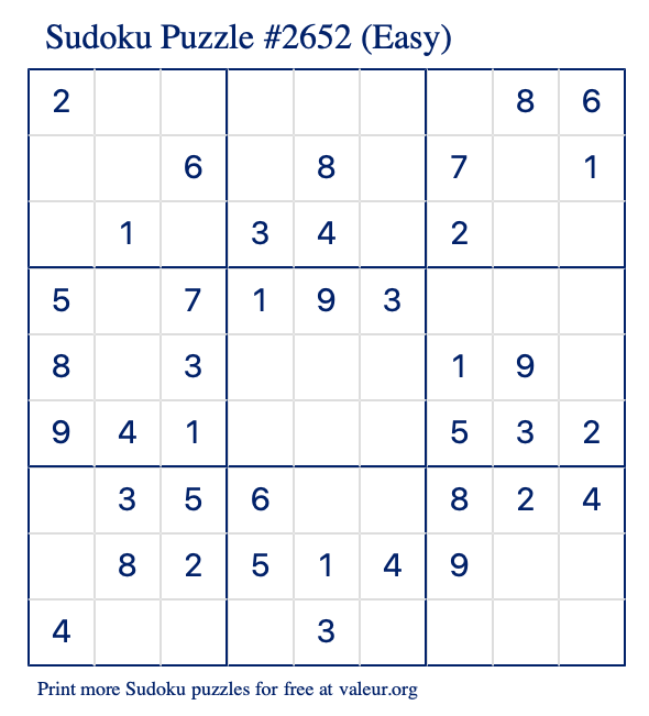 Free Printable Easy Sudoku Puzzle number 2652