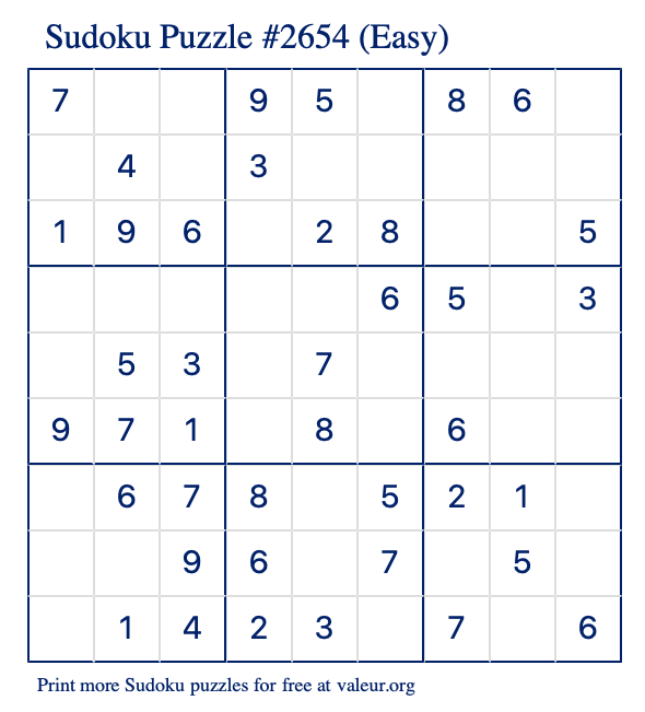 Free Printable Easy Sudoku Puzzle number 2654