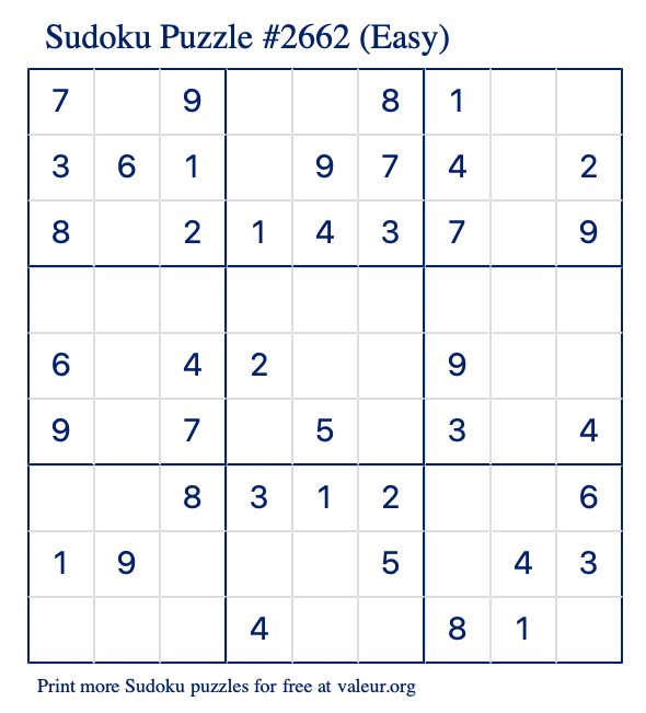 Free Printable Easy Sudoku Puzzle number 2662