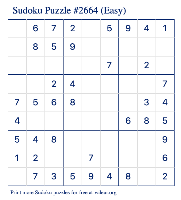Free Printable Easy Sudoku Puzzle number 2664